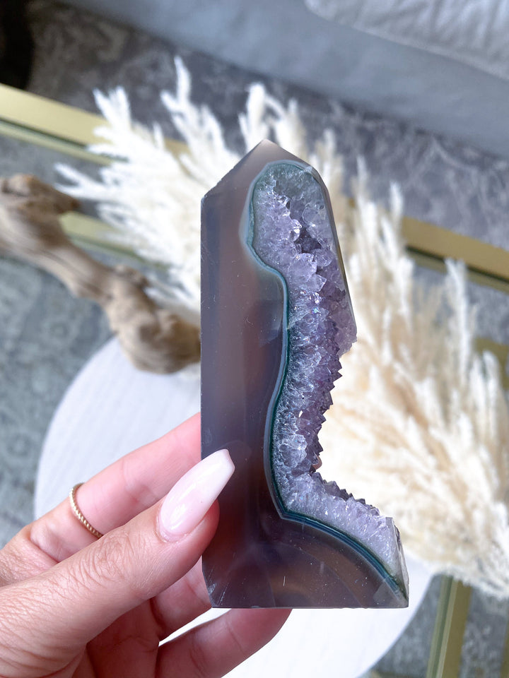 4" Druzy Amethyst and Grey Agate Sliced Tower Freestanding - Increase Energy - Calm Nerves - Crystal Therapy - Self-care Stone