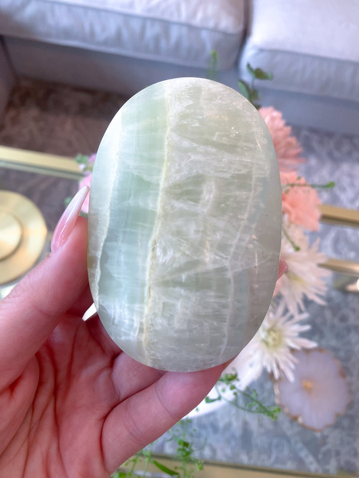 XL Pistachio Green Calcite Palm Stone - Get Exact Stone