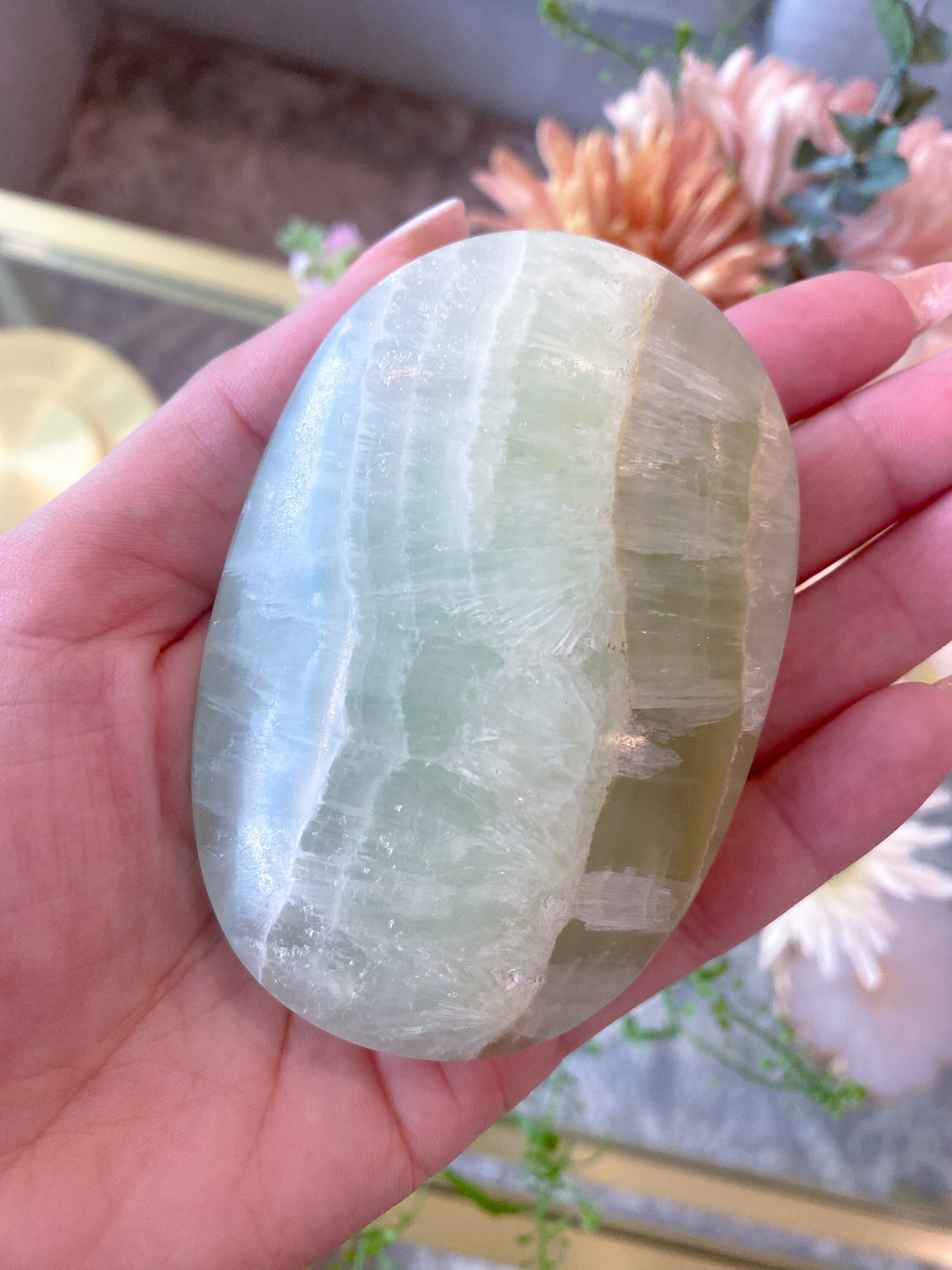 XL Pistachio Green Calcite Palm Stone - Get Exact Stone