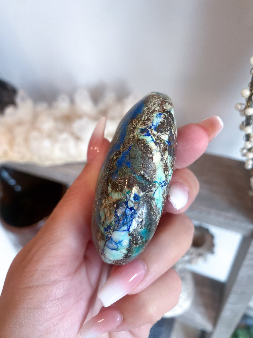 Azurite Malachite Palm Stone - get EXACT piece- Release Old Patterns - Openness - Psychic - Creativity - Empathy - Evolution