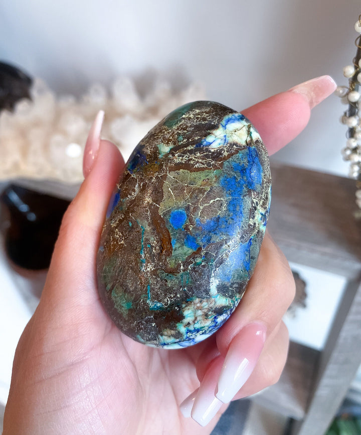 Azurite Malachite Palm Stone - get EXACT piece- Release Old Patterns - Openness - Psychic - Creativity - Empathy - Evolution