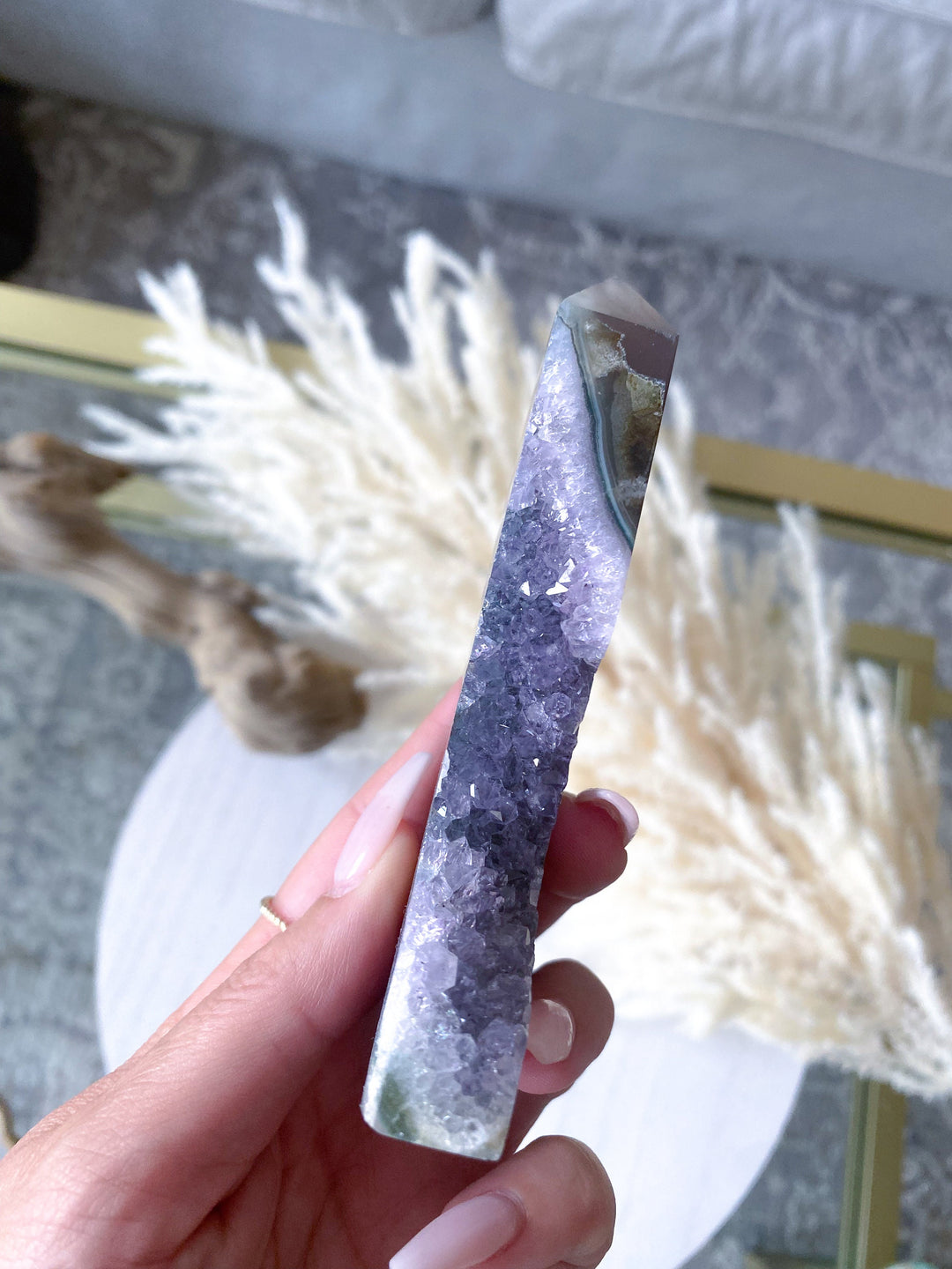 4" Druzy Amethyst and Grey Agate Sliced Tower Freestanding - Increase Energy - Calm Nerves - Crystal Therapy - Self-care Stone