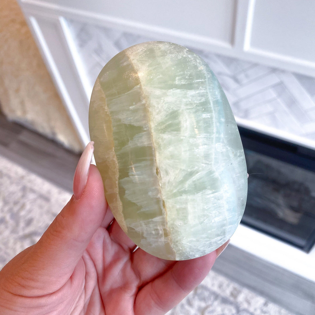 XL Pistachio Green Calcite Palm Stone - Get Exact Stone