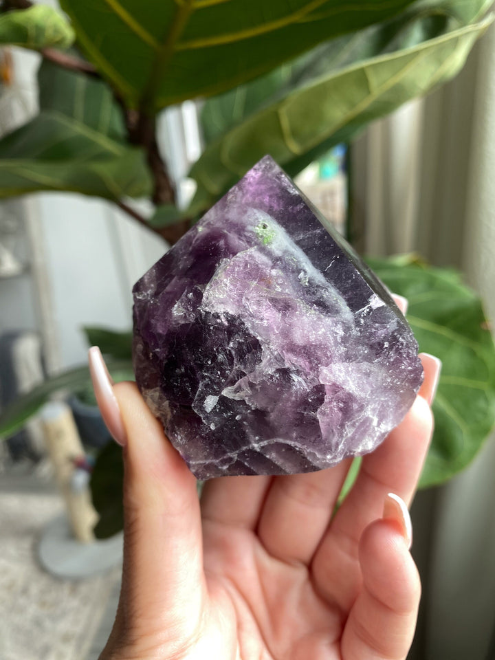 Chunky Purple Fluorite Point - Green Inclusions - Get this EXACT Stone - Protection - Aura Cleanse - Communication - Visions - top polish