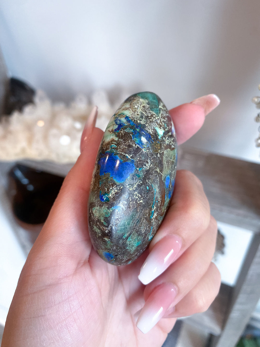 Azurite Malachite Palm Stone - get EXACT piece- Release Old Patterns - Openness - Psychic - Creativity - Empathy - Evolution