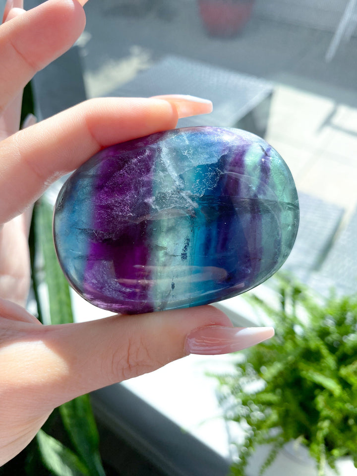 BEAUTIFUL Rainbow Fluorite Palm - Green, Deep Purple - Get this EXACT Stone - Protection - Aura Cleanse - Communication - Visions