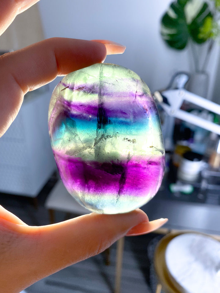 BEAUTIFUL Rainbow Fluorite Palm - Green, Deep Purple - Get this EXACT Stone - Protection - Aura Cleanse - Communication - Visions