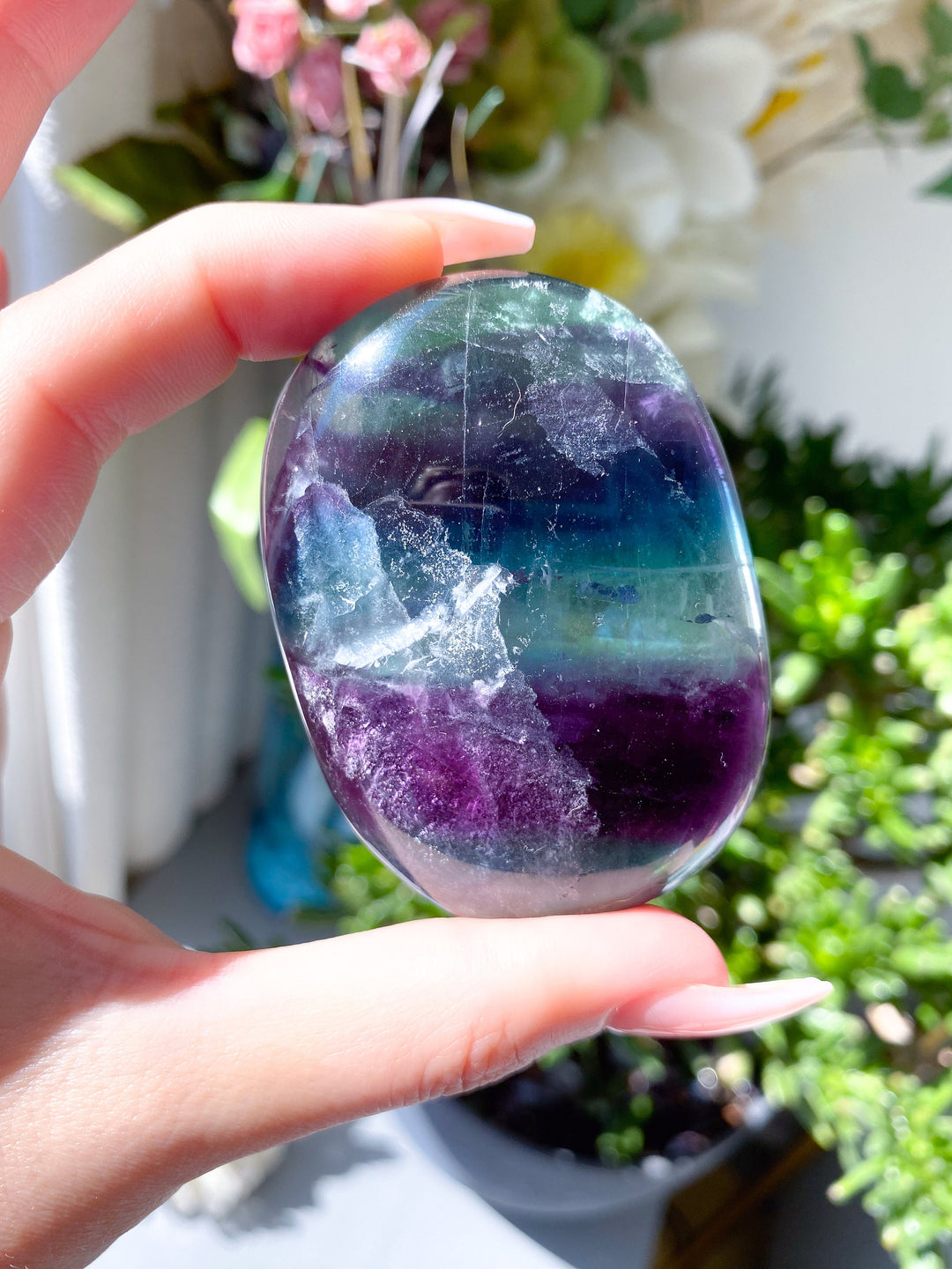 BEAUTIFUL Rainbow Fluorite Palm - Green, Deep Purple - Get this EXACT Stone - Protection - Aura Cleanse - Communication - Visions