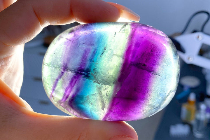 BEAUTIFUL Rainbow Fluorite Palm - Green, Deep Purple - Get this EXACT Stone - Protection - Aura Cleanse - Communication - Visions