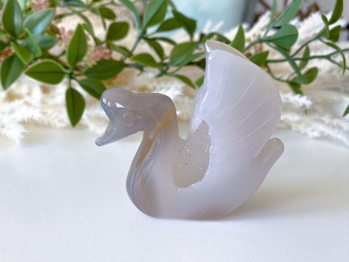 Swan Druzy Grey Agate Freestanding - Increase Energy - Calm Nerves - Crystal Therapy - Self Care Stone