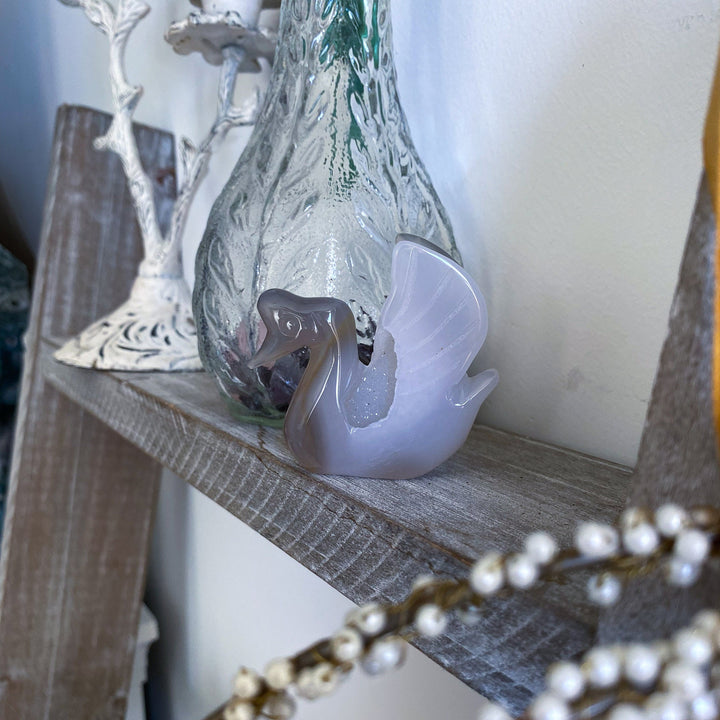 Swan Druzy Grey Agate Freestanding - Increase Energy - Calm Nerves - Crystal Therapy - Self Care Stone