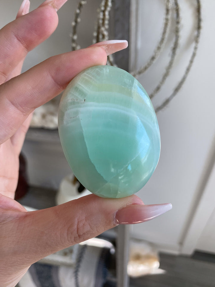 Small Pistachio Green Calcite Palm Stone - Get exact stone - Increase Patience - Self Love - Heart Chakra
