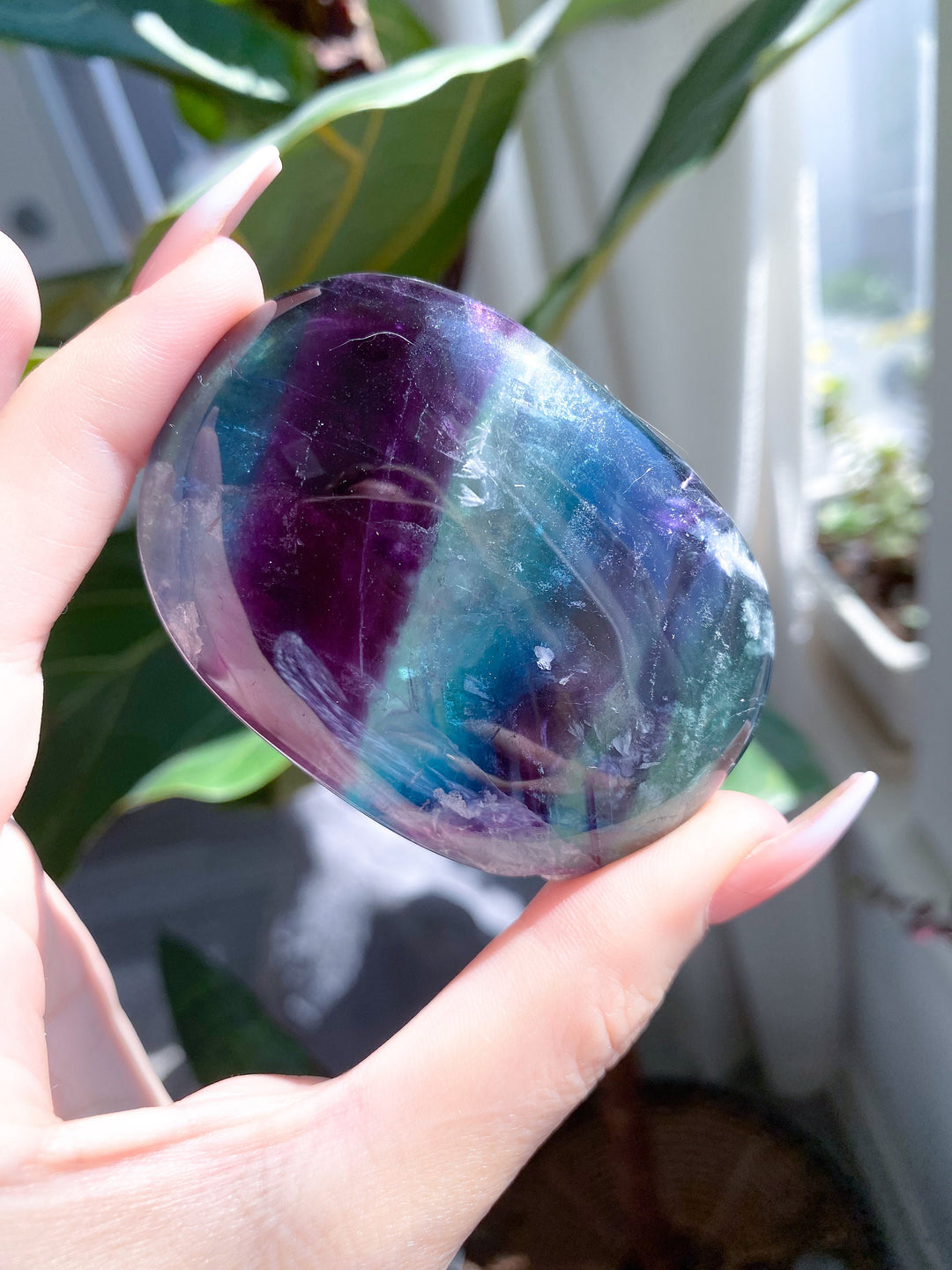 BEAUTIFUL Rainbow Fluorite Palm - Green, Deep Purple - Get this EXACT Stone - Protection - Aura Cleanse - Communication - Visions