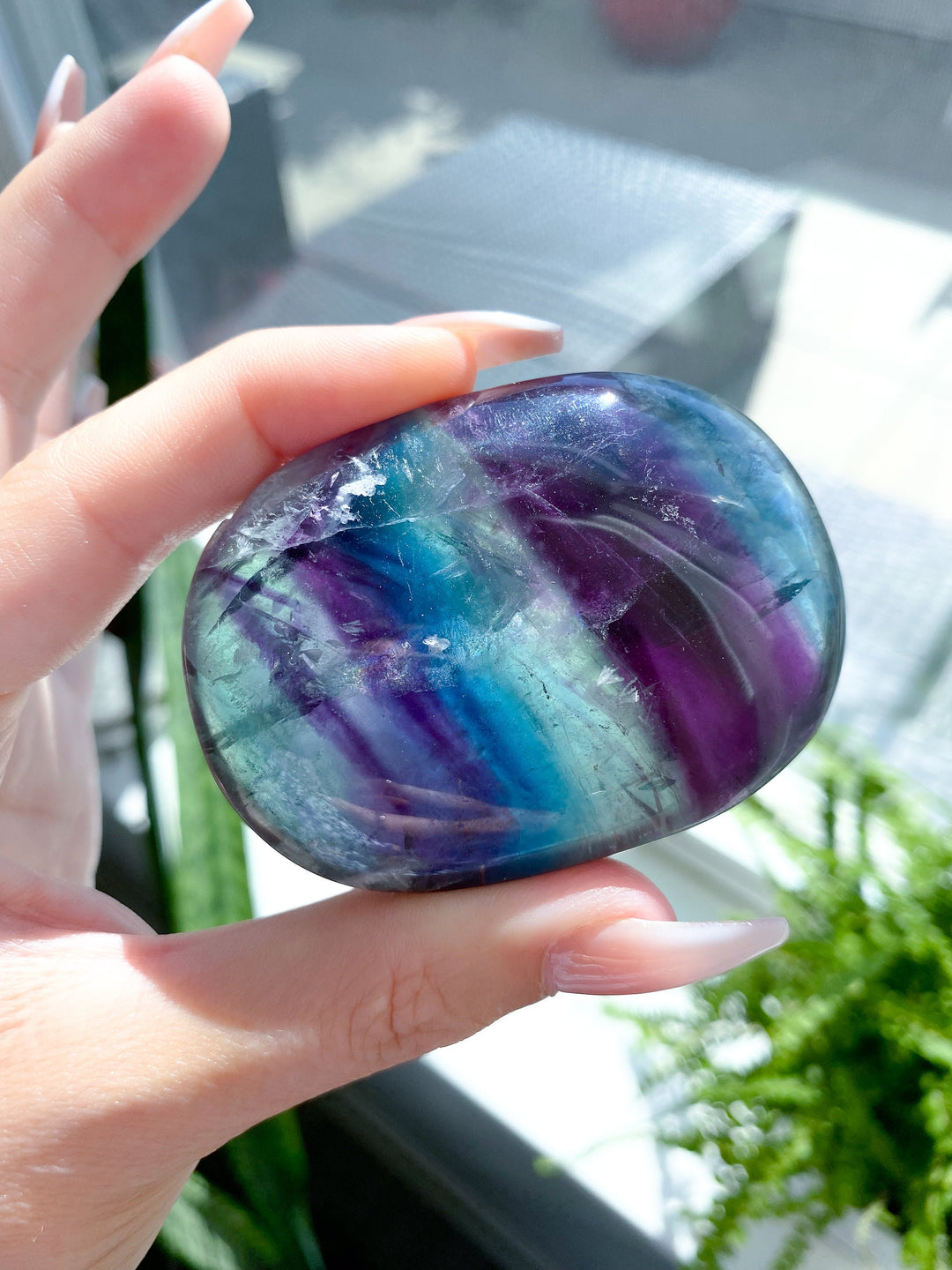 BEAUTIFUL Rainbow Fluorite Palm - Green, Deep Purple - Get this EXACT Stone - Protection - Aura Cleanse - Communication - Visions