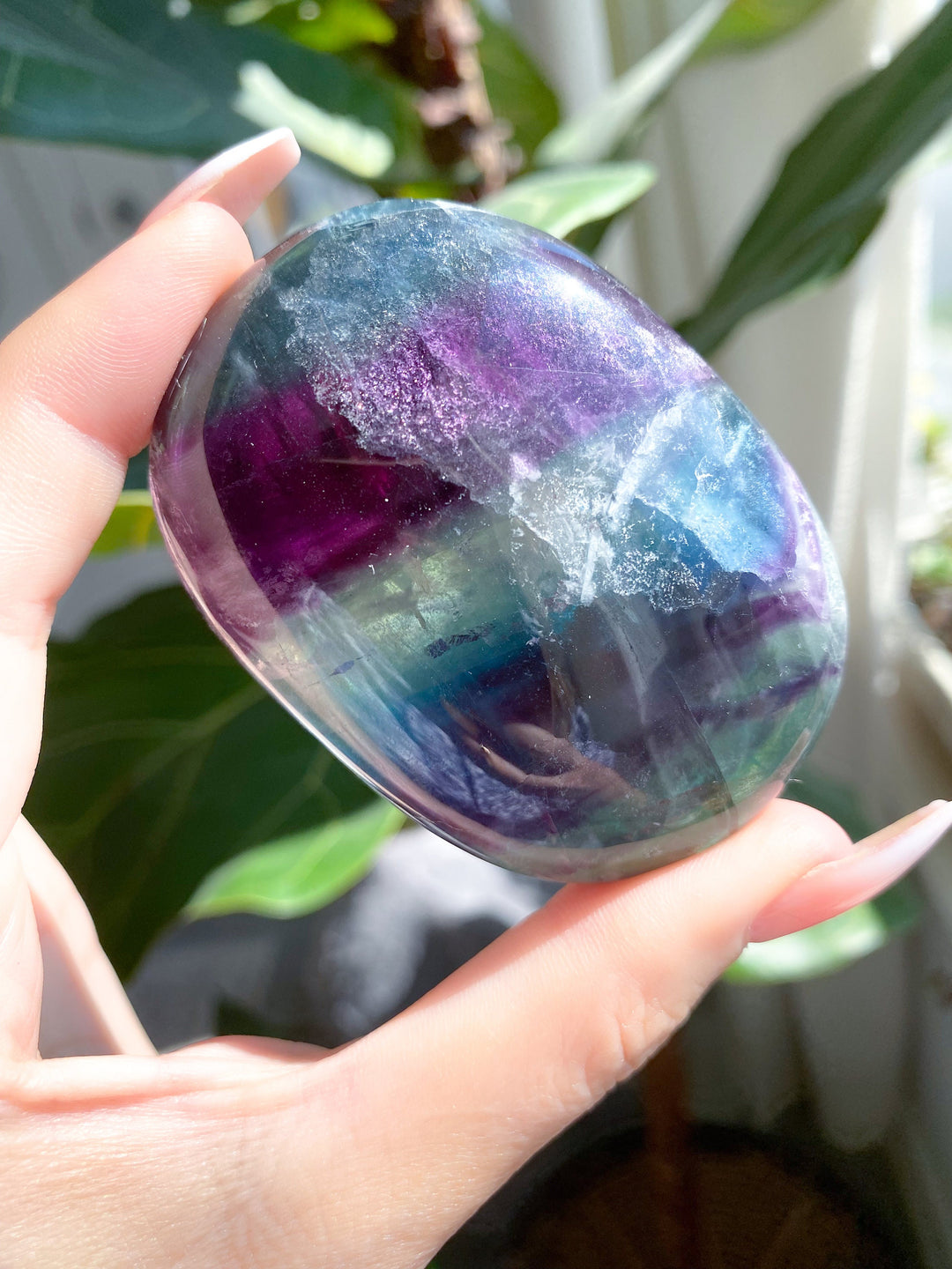 BEAUTIFUL Rainbow Fluorite Palm - Green, Deep Purple - Get this EXACT Stone - Protection - Aura Cleanse - Communication - Visions