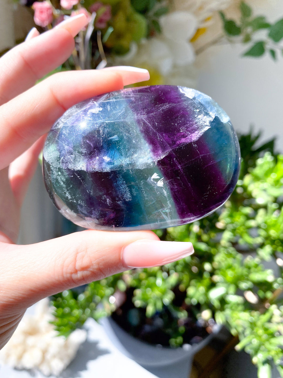 BEAUTIFUL Rainbow Fluorite Palm - Green, Deep Purple - Get this EXACT Stone - Protection - Aura Cleanse - Communication - Visions