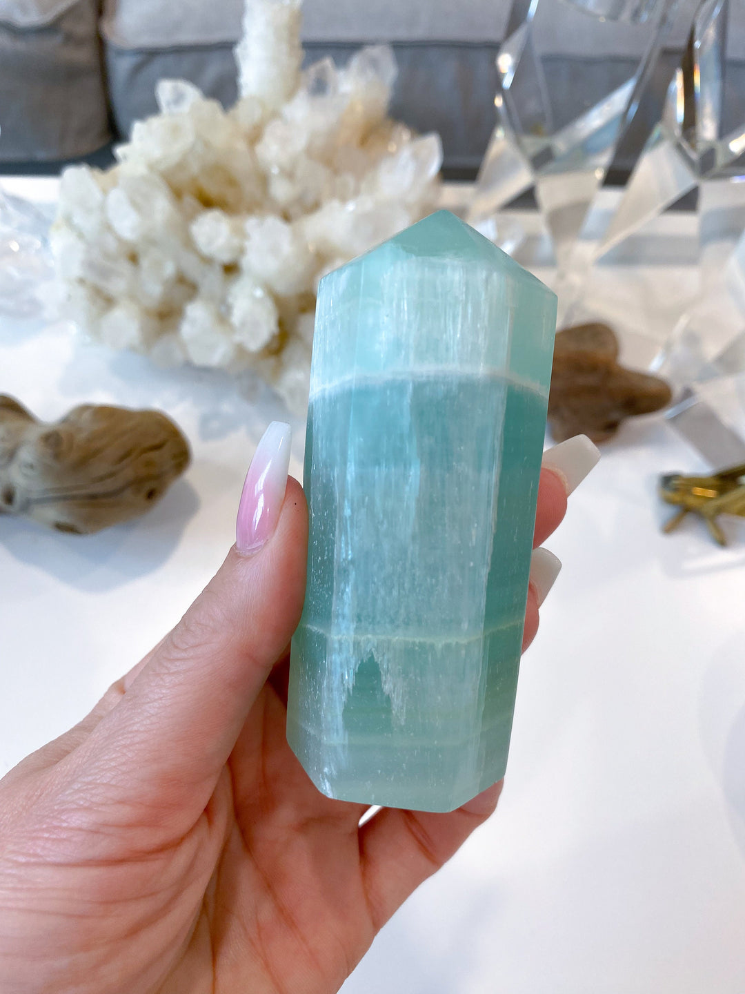 3.25" Calming Pistachio Sea Green Calcite Tower - Get Exact Item - Increase Patience - Self Love - Heart Chakra