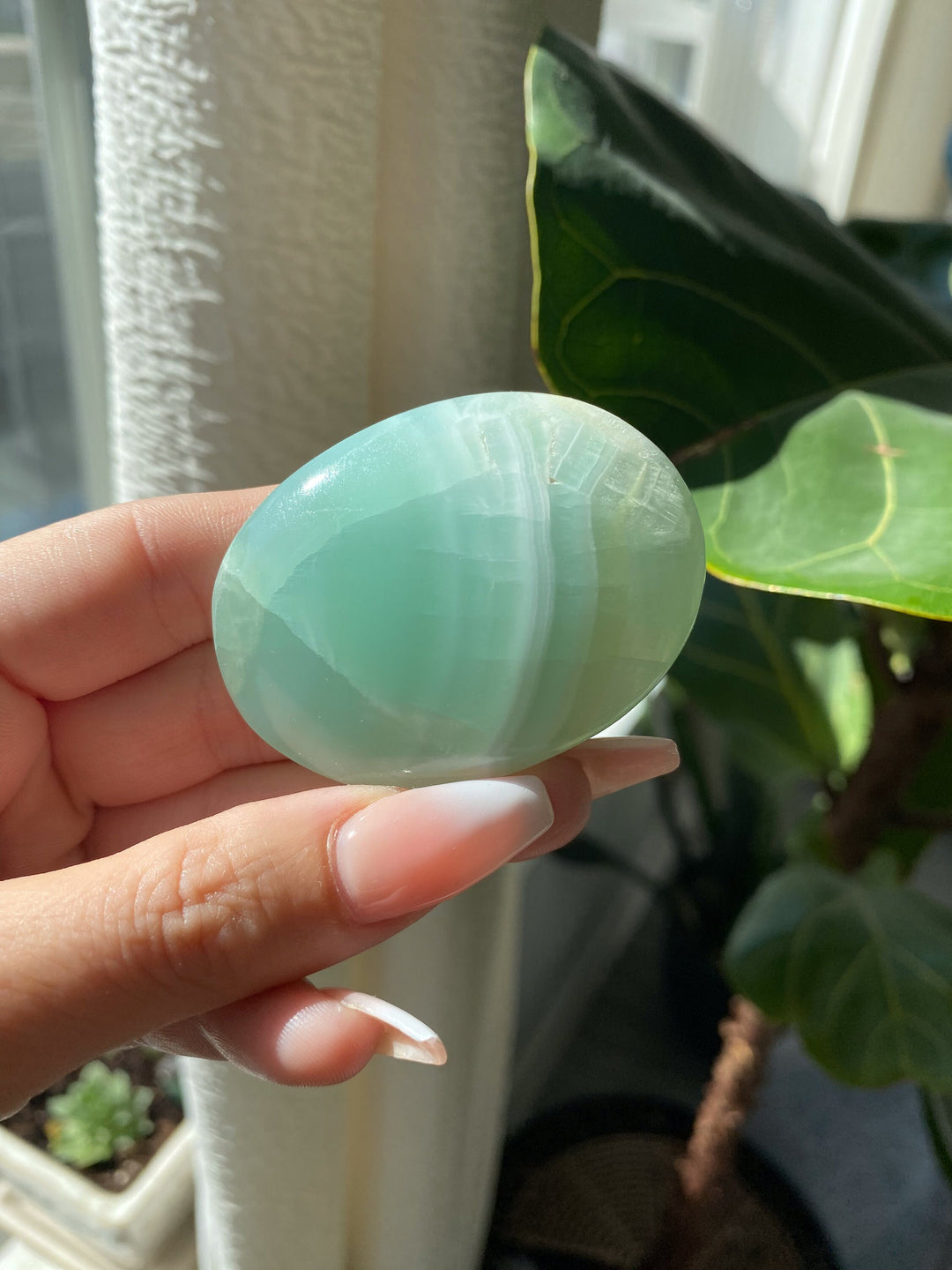 Small Pistachio Green Calcite Palm Stone - Get exact stone - Increase Patience - Self Love - Heart Chakra