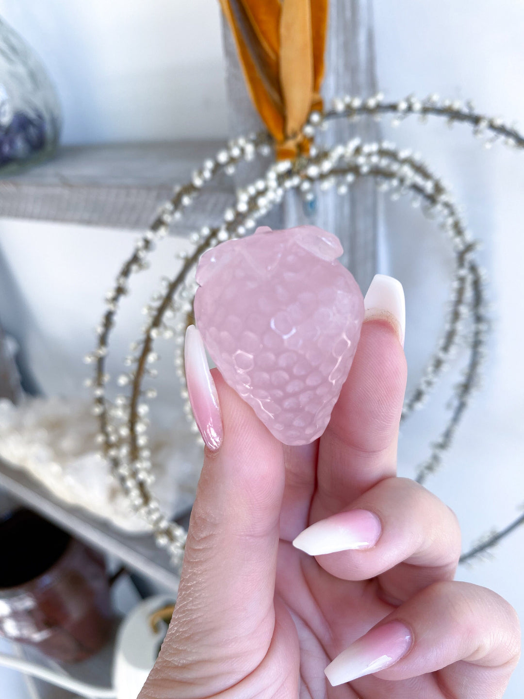 Rose Quartz Strawberry Carving