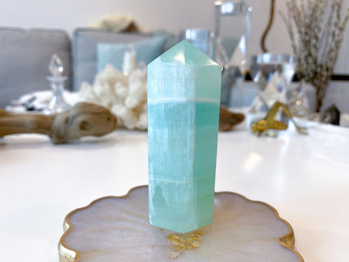 3.25" Calming Pistachio Sea Green Calcite Tower - Get Exact Item - Increase Patience - Self Love - Heart Chakra