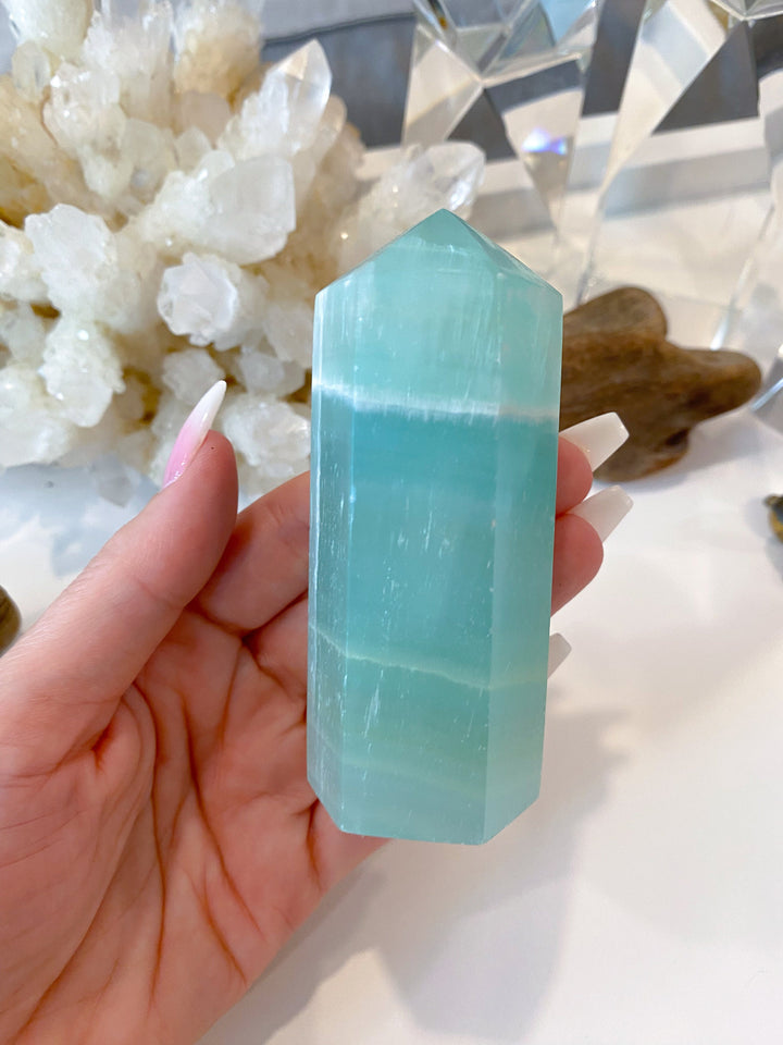 3.25" Calming Pistachio Sea Green Calcite Tower - Get Exact Item - Increase Patience - Self Love - Heart Chakra