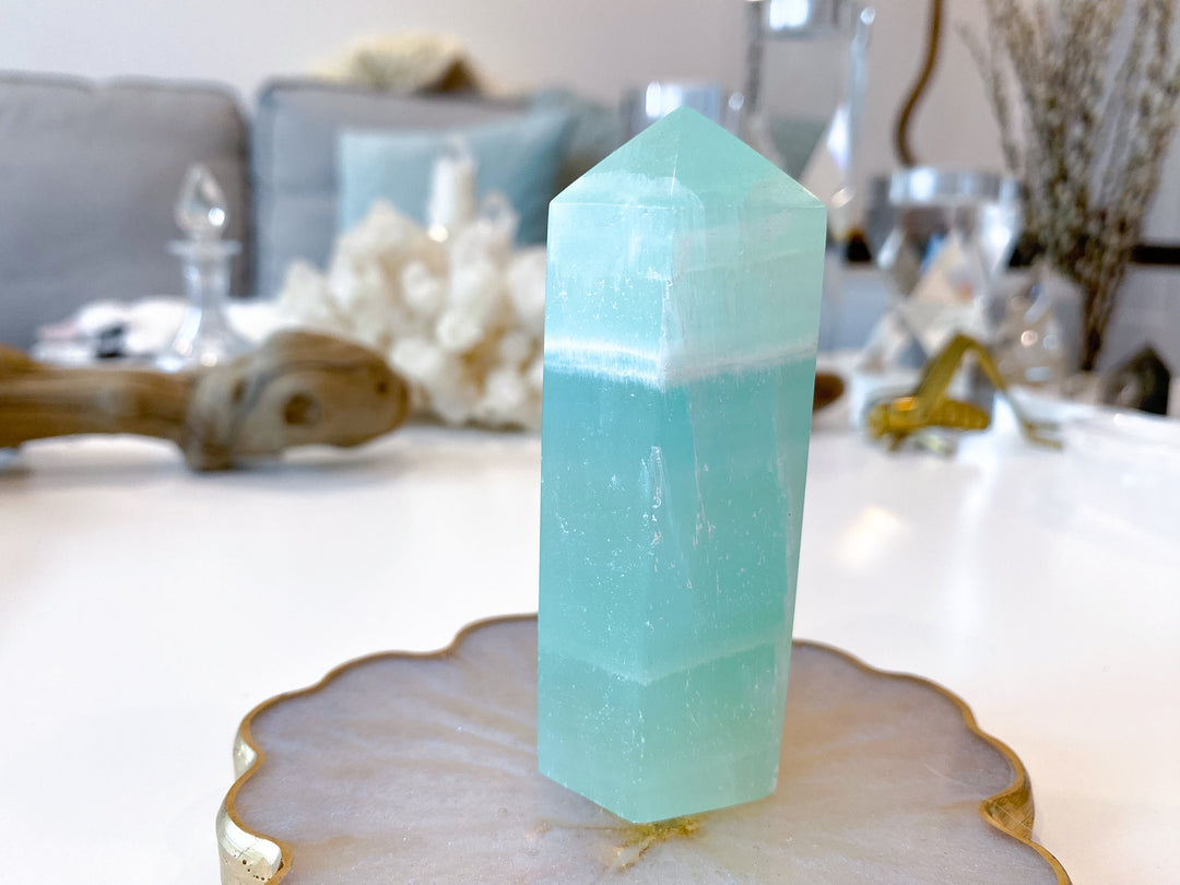 3.25" Calming Pistachio Sea Green Calcite Tower - Get Exact Item - Increase Patience - Self Love - Heart Chakra