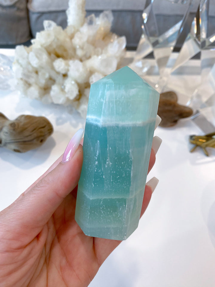 3.25" Calming Pistachio Sea Green Calcite Tower - Get Exact Item - Increase Patience - Self Love - Heart Chakra