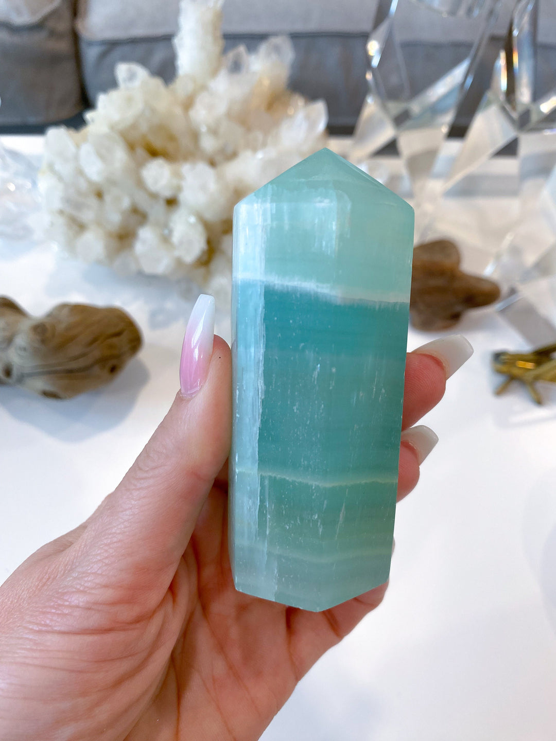 3.25" Calming Pistachio Sea Green Calcite Tower - Get Exact Item - Increase Patience - Self Love - Heart Chakra