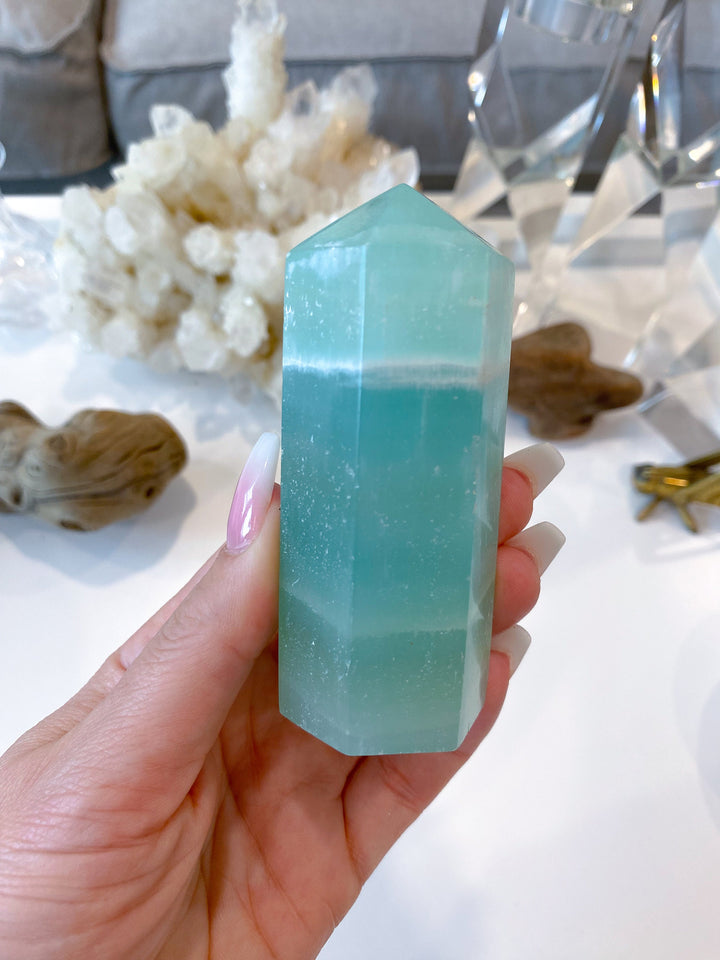 3.25" Calming Pistachio Sea Green Calcite Tower - Get Exact Item - Increase Patience - Self Love - Heart Chakra