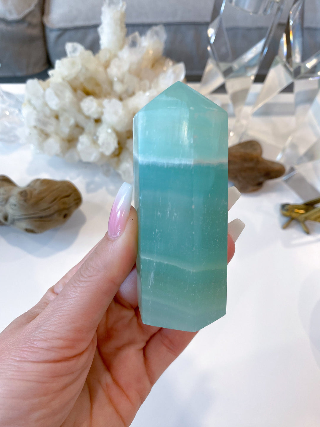 3.25" Calming Pistachio Sea Green Calcite Tower - Get Exact Item - Increase Patience - Self Love - Heart Chakra