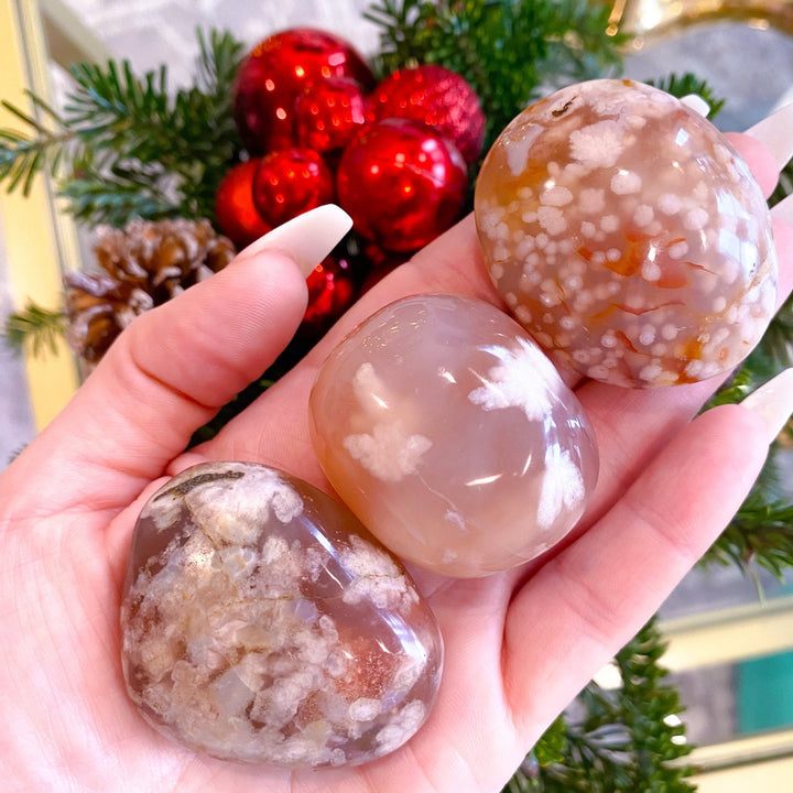 HAPPY Flower Agate Palm Pebble Stone