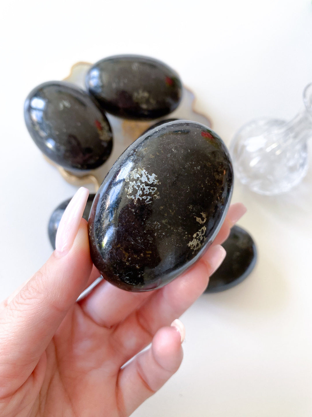 FLASHY Black Galaxy Jasper Palm Stone