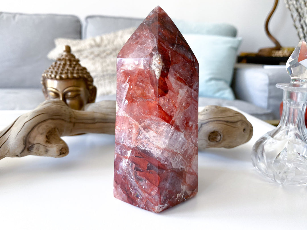 HEAVY, CHUNKY Fire Quartz Tower 5" 1.12lb - Heart Healing - Compassion - Fire Energy - Transformation