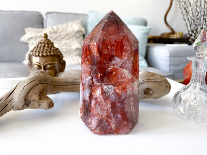 HEAVY, CHUNKY Fire Quartz Tower 5" 1.12lb - Heart Healing - Compassion - Fire Energy - Transformation