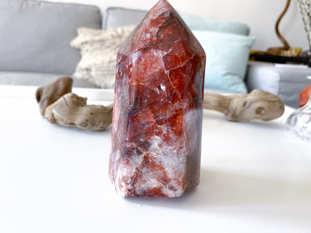 HEAVY, CHUNKY Fire Quartz Tower 5" 1.12lb - Heart Healing - Compassion - Fire Energy - Transformation