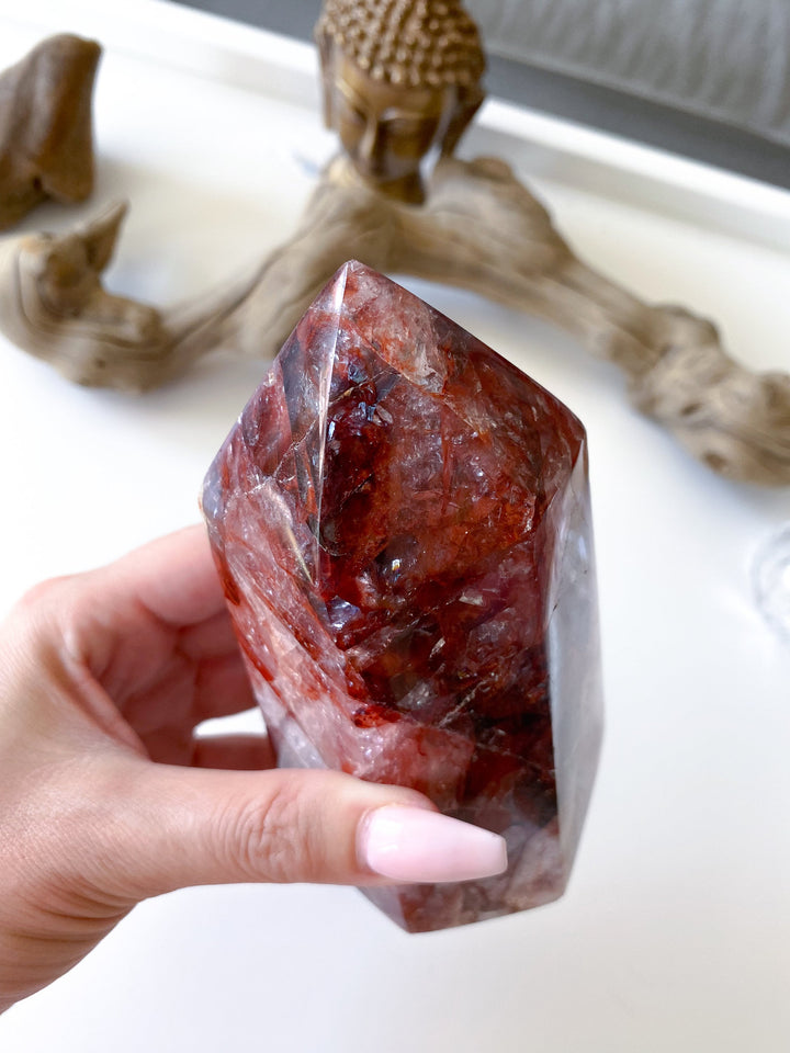 HEAVY, CHUNKY Fire Quartz Tower 5" 1.12lb - Heart Healing - Compassion - Fire Energy - Transformation