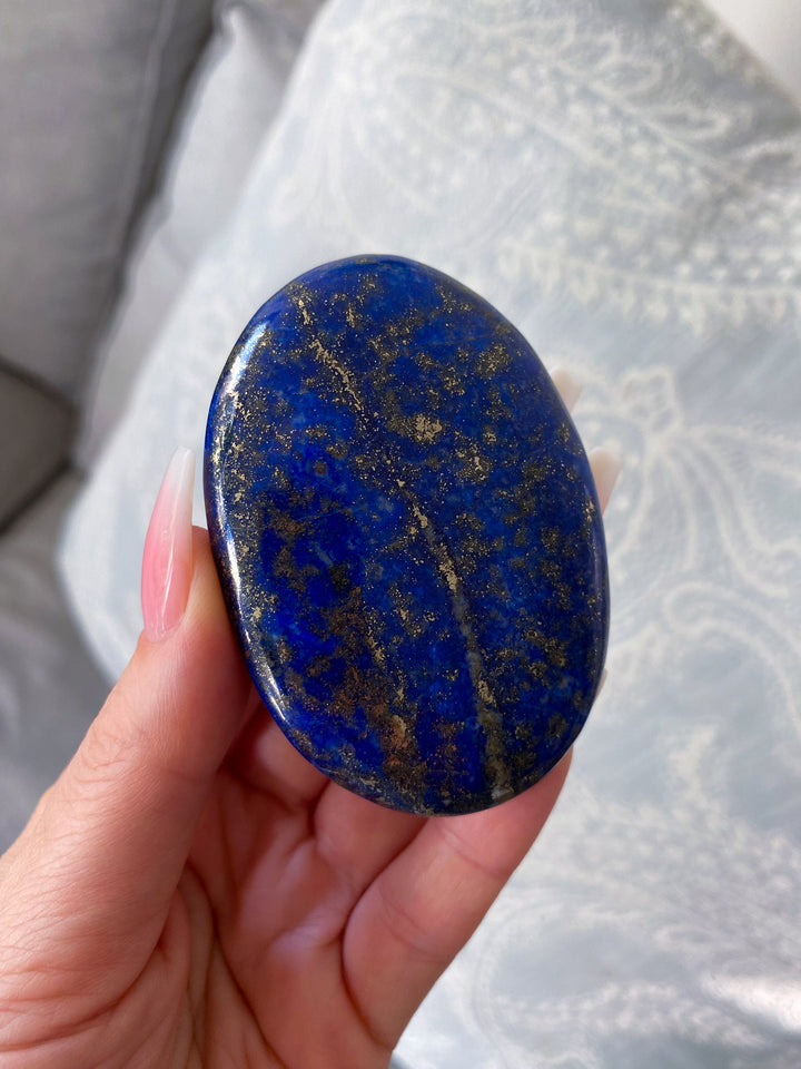 GORGEOUS Lapis Lazuli Palm Stone with Strong Pyrite - Peace - Truth - Wisdom - Serenity - Communication - Throat Chakra - Royal Blue