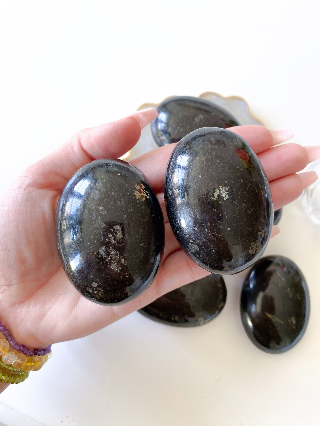 FLASHY Black Galaxy Jasper Palm Stone