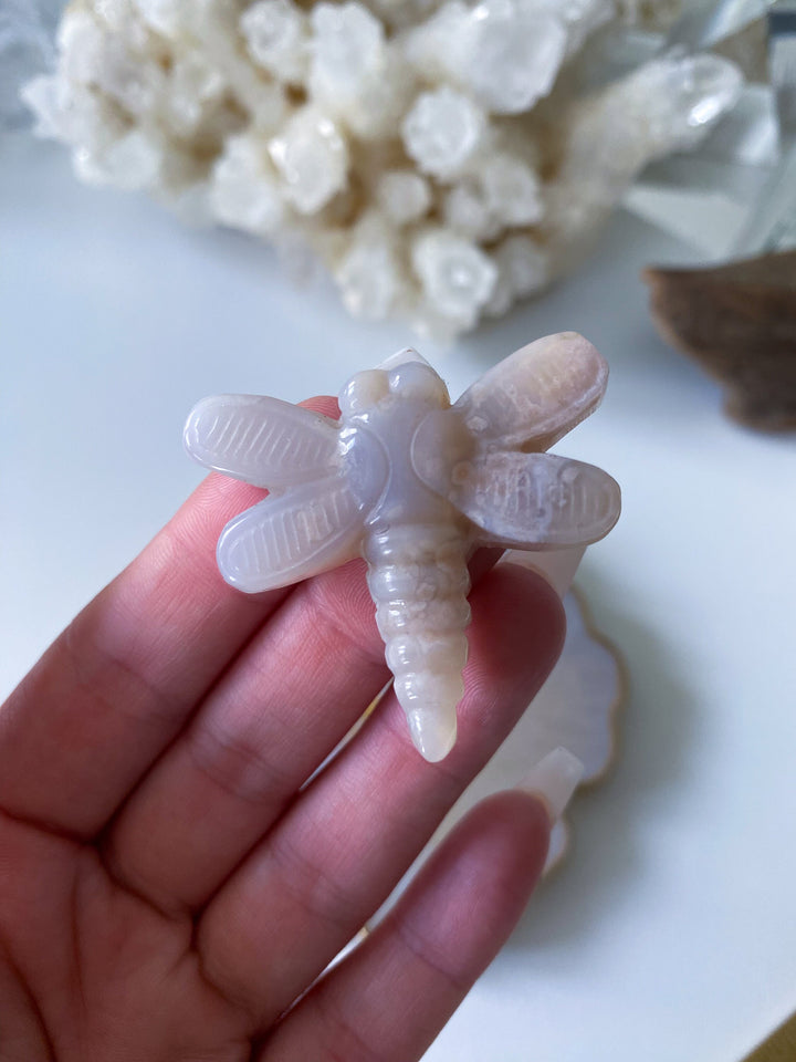 Pale Pink Flower Agate Dragonfly Carving