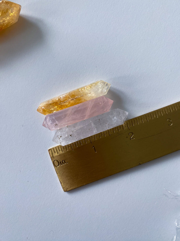 SET: Three Small Double Terminated Wand Points in Citrine, Rose Quartz, Clear Quartz - DT Wand