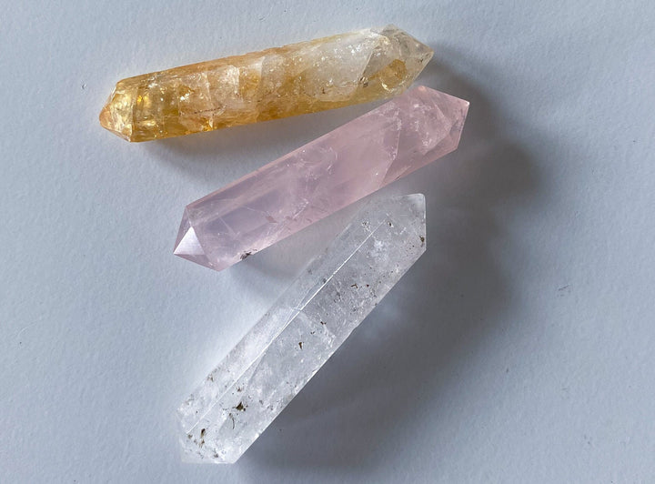 SET: Three Small Double Terminated Wand Points in Citrine, Rose Quartz, Clear Quartz - DT Wand