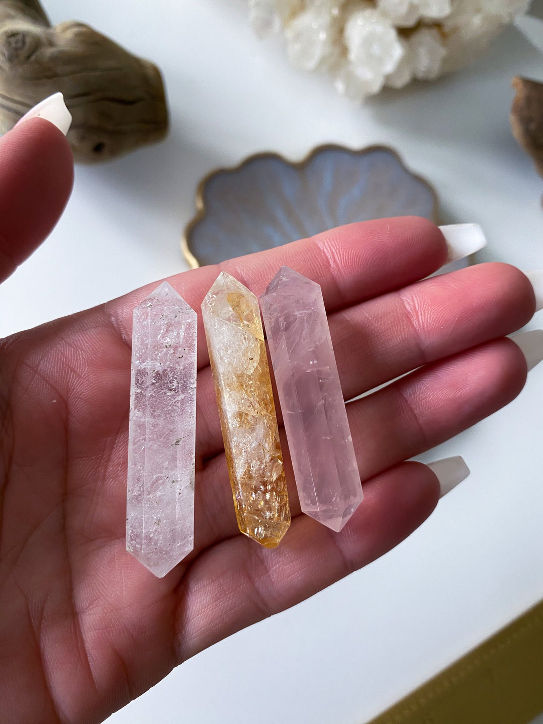 SET: Three Small Double Terminated Wand Points in Citrine, Rose Quartz, Clear Quartz - DT Wand