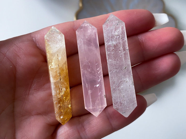 SET: Three Small Double Terminated Wand Points in Citrine, Rose Quartz, Clear Quartz - DT Wand