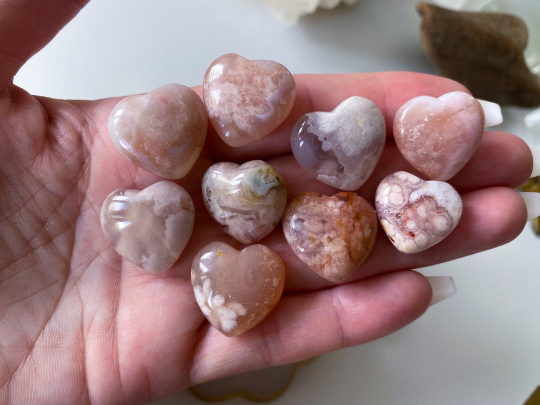 MINI Flower Agate Heart Carving - Cherry Blossom - Cheerful - Happy - Spiritual Growth - New Beginnings