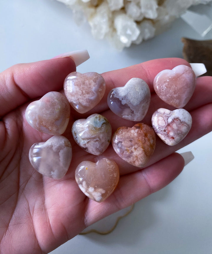 MINI Flower Agate Heart Carving - Cherry Blossom - Cheerful - Happy - Spiritual Growth - New Beginnings