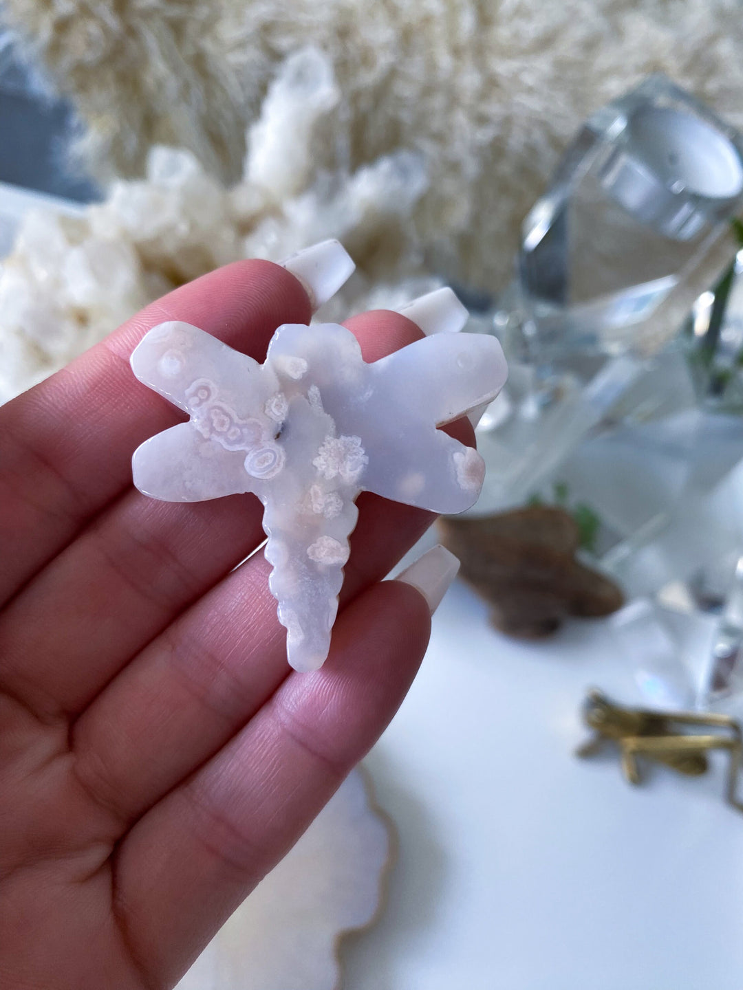 Pale Pink Flower Agate Dragonfly Carving