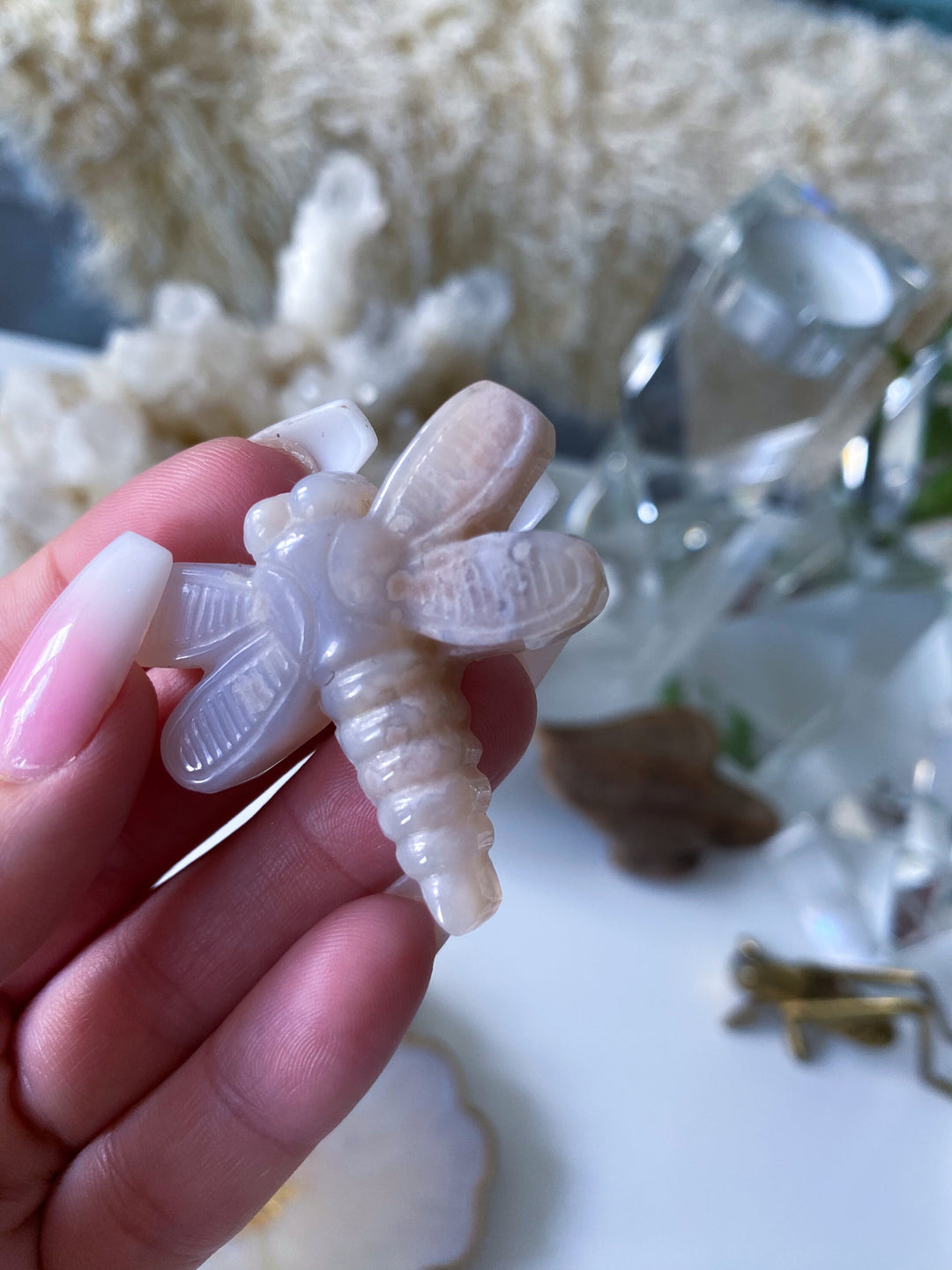 Pale Pink Flower Agate Dragonfly Carving