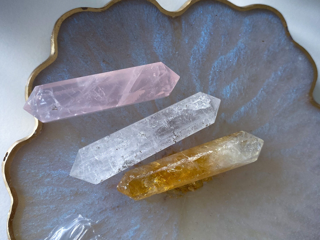 SET: Three Small Double Terminated Wand Points in Citrine, Rose Quartz, Clear Quartz - DT Wand