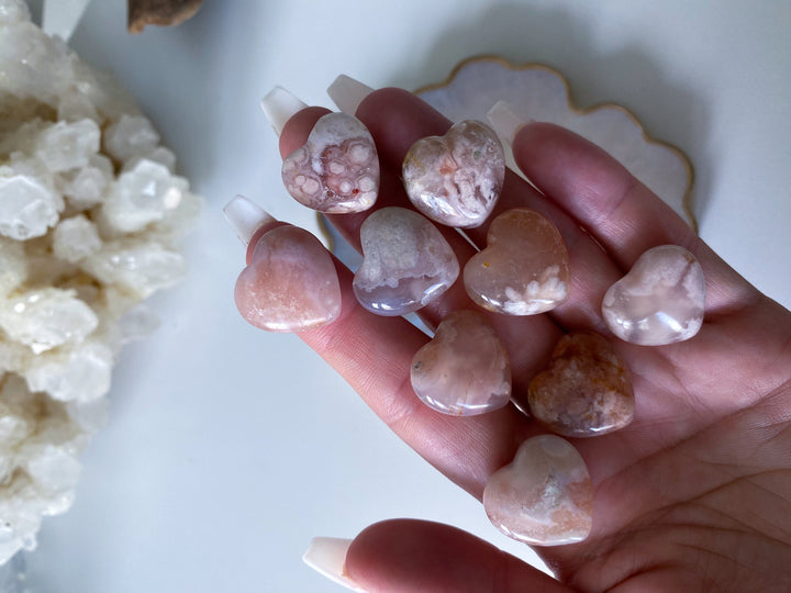MINI Flower Agate Heart Carving - Cherry Blossom - Cheerful - Happy - Spiritual Growth - New Beginnings